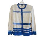St. John ST.‎ JOHN 3 Piece Blue White Knit Suit Gold Button Jacket Size 8 Skirt Size 14 Photo 2
