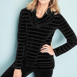 Talbots  Black Luxe Velour Striped Cowl Neck Long Sleeve Tunic Top Size Small Photo 0