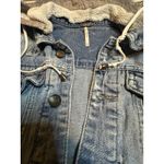 Free People Denim Jacket Distressed Hoodie Gray Knit Sleeves Women's XS Photo 3