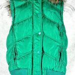 Aeropostale  Womens Puffer Vest Hooded Faux Fur Green Full Zip Med Plaid Lined Photo 0