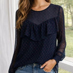 EXPRESS Sheer Navy Sleeve Blouse Hot Pink Polka Dots & Ruffle Detail - Size M Photo 0