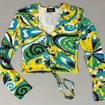 Cider Green Yellow Neon Groovy Swirls Long Sleeve Ruched Drawstring Tee T-Shirt Top Blouse Size M 💚✨ Photo 0
