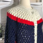 Vintage 80s 90s Crocheted Wool Poncho Cape Red White Blue Large XL Photo 5