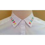Active USA White Button Down Shirt Embroidered Happy Vibes Collar by Modcloth Photo 1