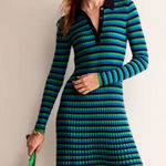 Boden Mini Collared Ribbed Knit Dress in Navy and Bright Green Size 14R New Blue Photo 0