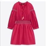 ZARA NWOT Pink Tassel Puff Sleeve Embroidered Peasant Mini Dress Large Photo 3
