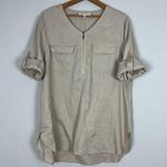Jones New York  Top Womens Large Beige 100% Linen 3/4 Tab Sleeve 1/4 Zip Resort L Photo 5