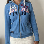 Superdry Full Zip Hoodie Sherpa Lined Spell Out Graphic Blue Medium Photo 0