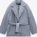 ZARA  Padded Blazer Style Jacket with Belt Dusty Blue Quilted Puffer Coat Size XL Photo 2