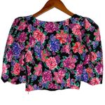 ZARA NWT  Floral Cropped Top Plunging Neck Puff Half Sleeves S Black Pink Purple Photo 5