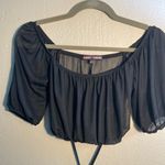 Almost Famous Black Crop Blouse with Puff Sleeves and Tie Front SZ S Wide Neck Photo 2