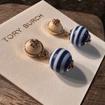 Tory Burch NWOT Saher Logo Drop Earrings, Blue Stripe Photo 2