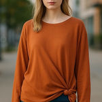 Free People Free‎ People Beach Womens Orange Rust Knot Front Long Sleeve Oversized Top Small Photo 0