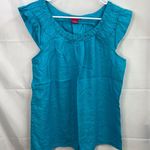 Sunny Leigh Vintage women's blue cap sleeve ruffle scoop neck loose linen blouse Photo 0
