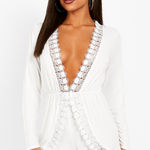 Boohoo Ivory Lace Trim Romper Size 4 NWOT Long Sleeve Wrap Style Photo 0