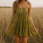 Elan  Olive Green Gold Arrows Tiered Cami Mini Dress - Medium Photo 0