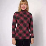  . Printed Perfect Jersey Turtle Neck Long Sleeve Top Size M QVC ASOT  Description For fashion lovers who are always thinking of expanding their closets, look no further than this stylish turtleneck top! From Denim & Co.® Fashions. Fabrication: knit Features: turtleneck, self folded neck, long sleeves, straight hem Fit: semi-fitted; follows the lines of the body with added wearing ease Length: missy length 26-1/4" to 28-5/8"; plus length 29" to 32-1/2" Content: 95% cotton/5% spandex Care: machine wash, tumble dry Imported Photo 1