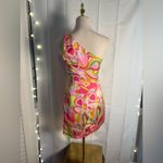 DO+BE Pink and Green Asymmetrical Ruched Cocktail Dress Photo 1