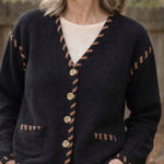 Vintage Lucia Black 100% Wool Cardigan Jacket Whipstitch Trim Button Front Cozy Size L Photo 0