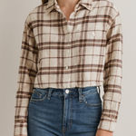 American Eagle  Cozy Cabin Cropped Flannel Button-Up Shirt Brown White Medium Photo 0