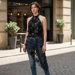 Venus  Y2K Black Silver Metallic Floral Halter Top with Train Backless Size 8 Photo 1