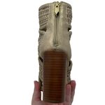 Fergie Womens 7.5 Peep Toe Boot Heels Tan Cream Weave Boots Sandals Sandal Photo 10