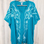 Catherines  Womens Embroidered Blouse Size 3X Teal Boho Floral Cottage Artsy Photo 0