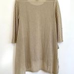Umgee Gold / Tan Open Weave Knit Asymmetrical Sharkbite Hem 3/4 Sleeve Tunic Top Photo 9