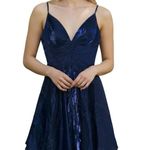 Sherri Hill  Midnight Blue Navy Metallic Fit and Flare Mini Dress 00 Photo 0