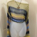 Boho hippie indie cottagecore striped crotchet knitted off shoulder sweater long flare sleeve top shirt blouse yellow, blue, green Size L Photo 0