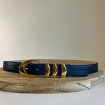 Amanda Smith Vintage 90s Blue Genuine Leather Golden Buckle Belt Size Large Photo 3