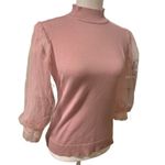 Boutique  | Pink Puff Sleeve Mock Neck Sheer Sleeve Rayon Blouse Size Small Photo 2