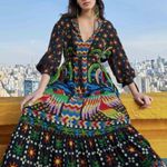 Farm Rio  Black Macaw Night V-Neck Maxi Dress Size Small Photo 11