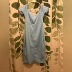 Pinkblush Light Blue Solid Off Shoulder Fitted Dress Photo 6