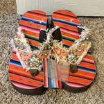 Montana West  Platform Heel Studded Fringe Colorful Beaded Flip Flops Photo 0