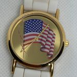 Valdawn USA flag dial watch gold tone 33mm quartz white silicon band running Photo 2