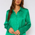 12th Tribe Floral Jacquard Pattern Vibrant Green Satin Button Down Shirt Blouse Photo 0