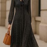 Theory NEW  Tie Neck Drape Silk Dress Midi Multi Speckle Black Photo 0