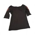 Lucky Brand Black Long Sleeve Tee with Embroidered Floral Design Photo 1