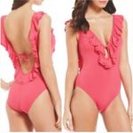 Michael Michael Kors Ruffle Deep V One Piece Swimsuit in Grapefruit Pink Size 12 Photo 5