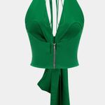 Micas  Green Linen V-Neck Halter Tie-Front Ruched Zipper Backless Cami Top Photo 1
