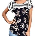 Rewind Juniors Black Striped Floral Knit Woven Tee Casual Trendy Size XS Photo 0