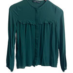 ZARA  WomenPleated Ruffle‎ Top XS Forest Green Sheer Button Up Fairy Whimsy Boho Photo 0