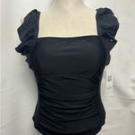 Charmo Women’s Ruffle One Piece Bathing Suit Black Tie Back Ruched Medium NWT Photo 6