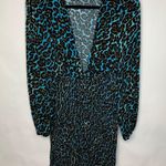 AFRM Turquoise Cheetah Leopard Print Dress Smocked Skirt Long Sleeves Sz Small Blue Photo 4