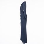 XScape  - Navy Floral Jacquard Long Sleeve Evening Gown Photo 5