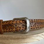 Vintage 90s Western Woven Genuine Leather Silver Buckle Belt Size Medium Brown Photo 1