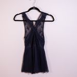 Free People  Tulle Mesh Floral Flower Cross Front Tank Top Blouse Navy Blue XS Photo 0