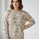 Anthropologie Calligraphie Novelty Knit Cat Sweater Kitty Grandma Cozy Beige L Tan Size L Photo 0
