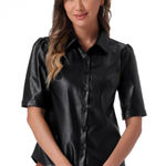 Allegra K NWT  Faux Leather Button Down Puff Sleeve Shirt Blouse Black L Photo 0